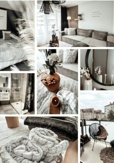 appartement le cocon blanc Metz avec ambiance cocooning montrant salon, chambre, balcon er décor harmonieux