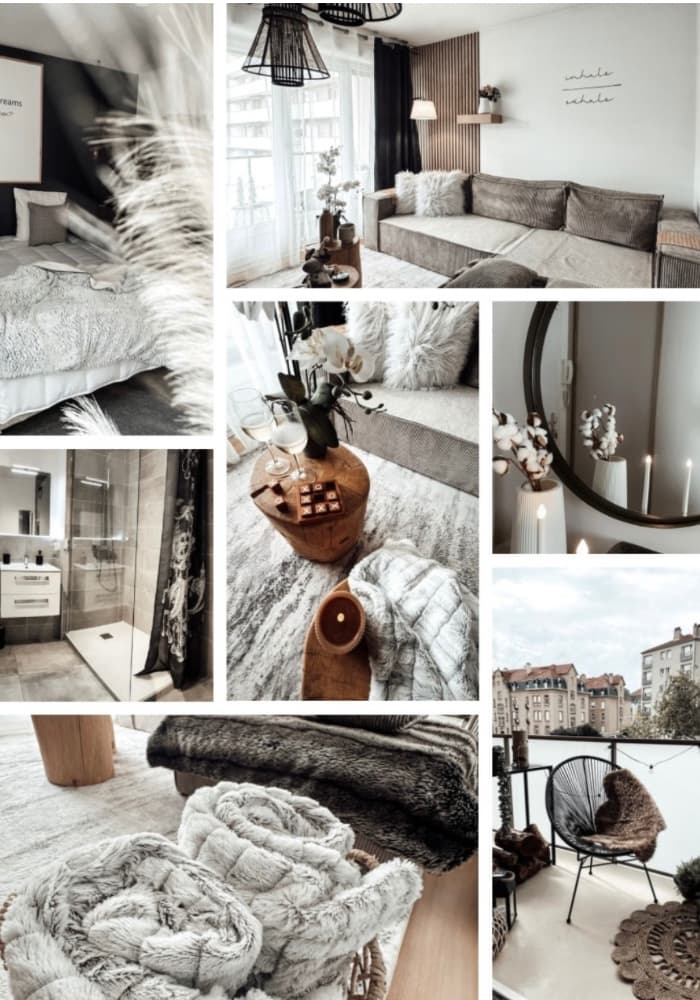 appartement le cocon blanc Metz avec ambiance cocooning montrant salon, chambre, balcon er décor harmonieux
