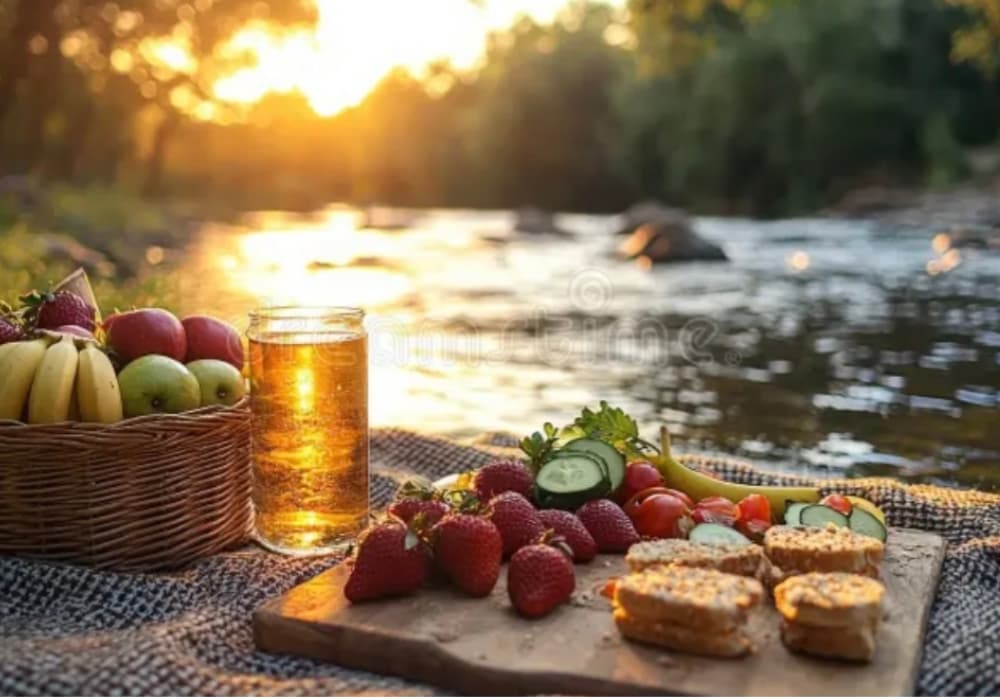 pique-nique à Metz avec panier sur l’herbe et vue douce sur l’eau