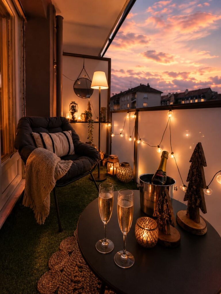 ambiance cocooning à la tombée de la nuit sur le balcon du cocon blanc à Metz avec plaid, champagne et petites lumières de noel