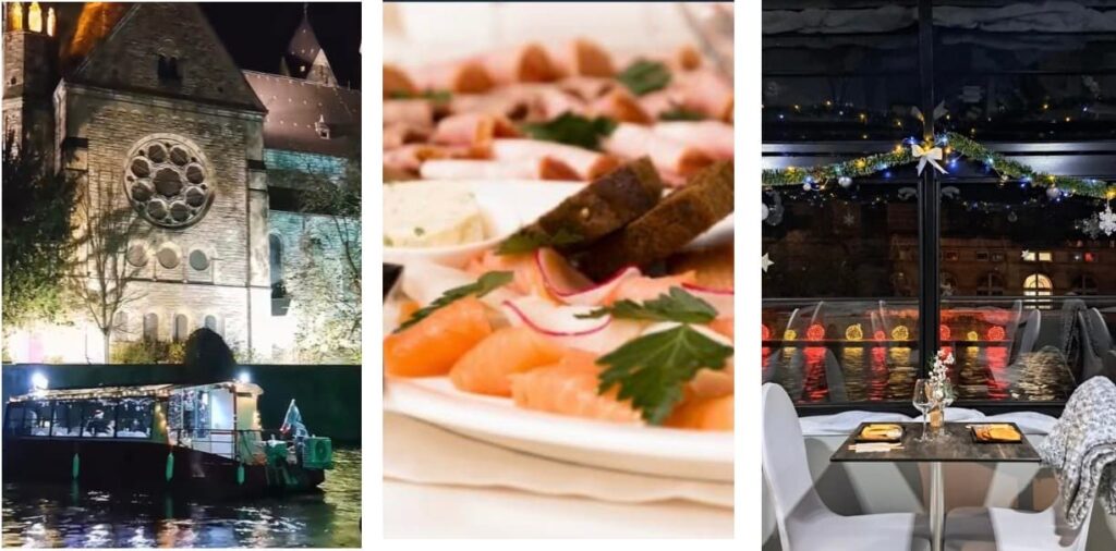 Montage de trois images montrant un bateau de croisière devant le Temple Neuf éclairé à Metz, un plat de saumon et une table dressée à bord