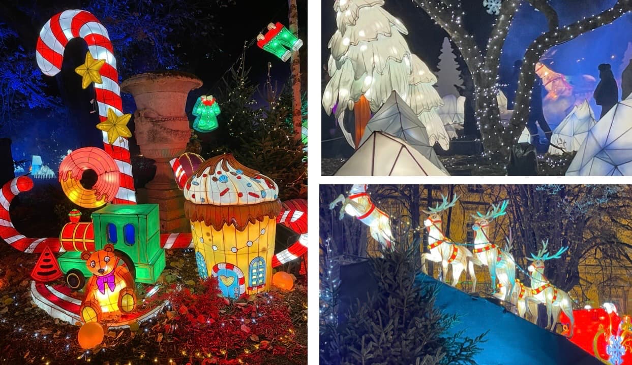 Sculptures lumineuses géantes en forme de train, bonbons, ours en peluche et traîneau du Père Noël dans un parc la nuit