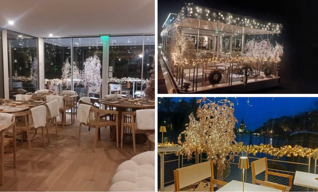 Restaurant éphémère sur une péniche illuminée pour Noël à Metz avec vue sur le Temple Neuf.